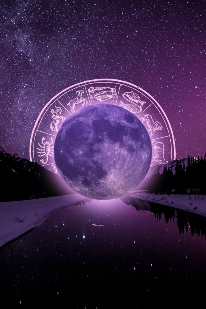 Moon and zodiac wheel under a starry sky
